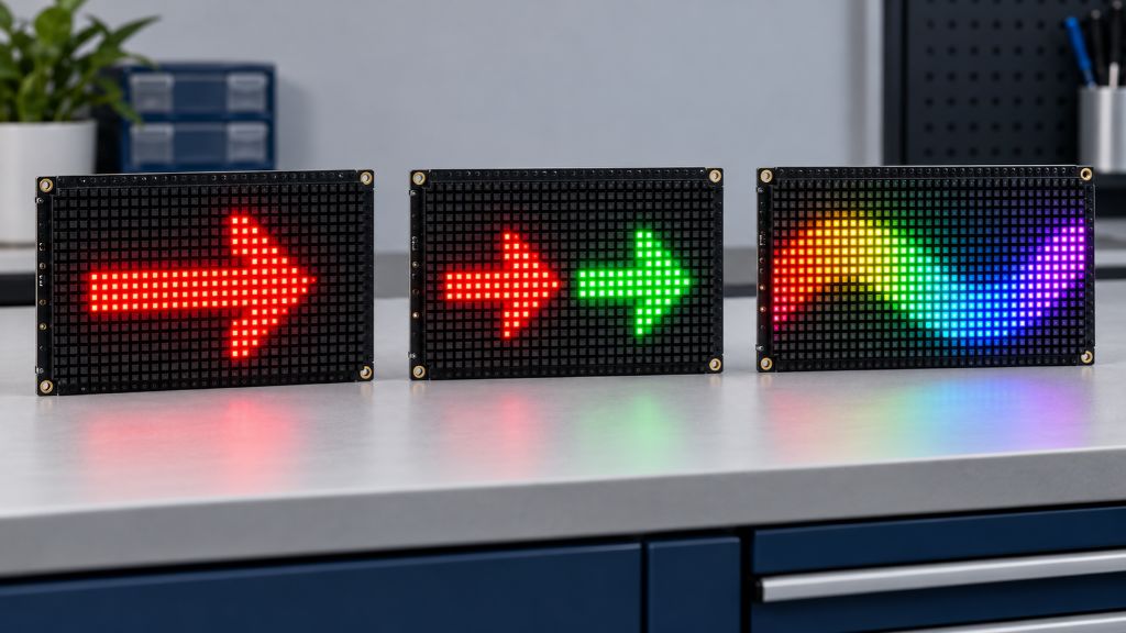 ba bảng led ma trận hiển thị màu đỏ, đỏ xanh và rgb