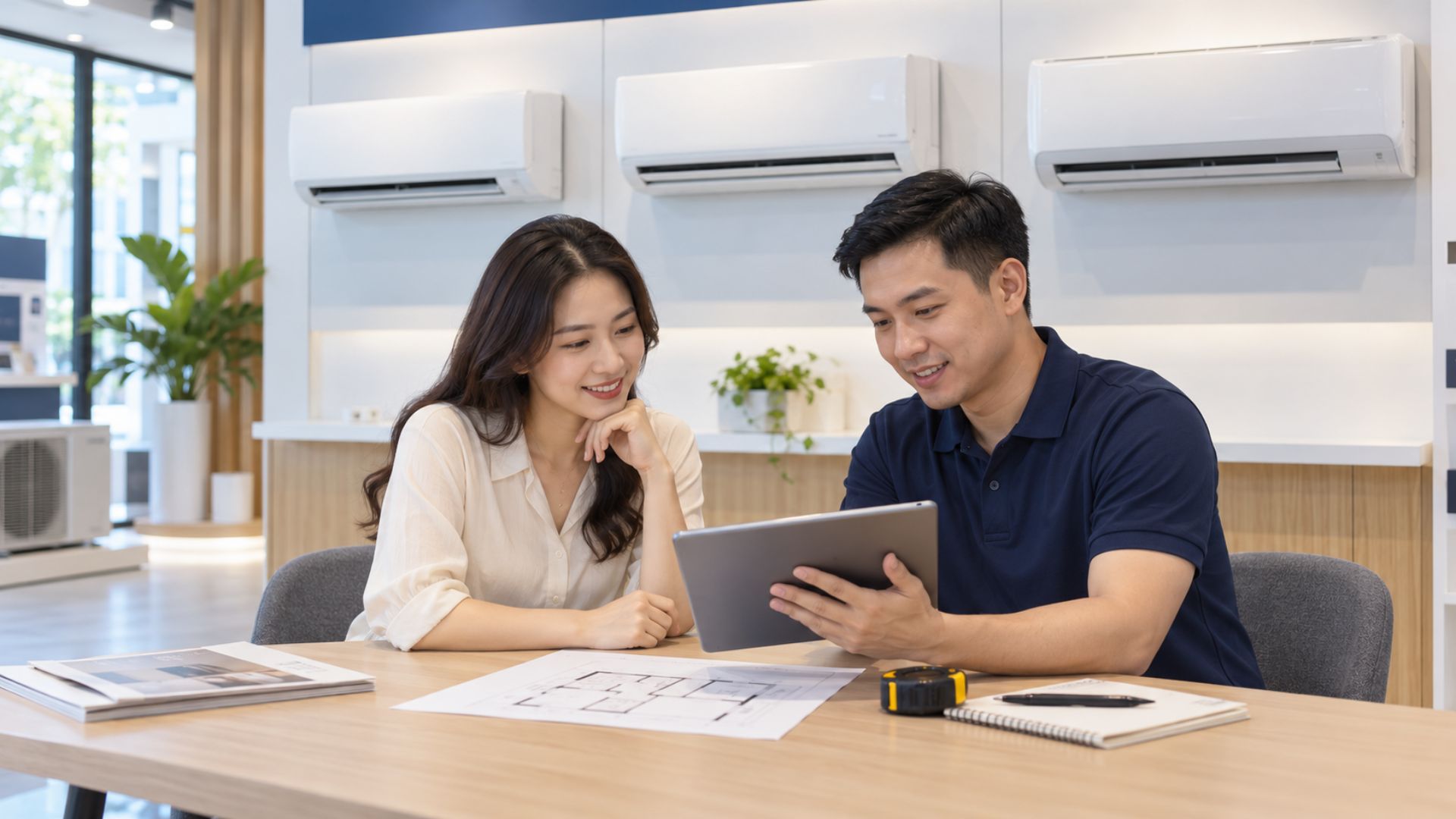 Khách hàng trao đổi lựa chọn máy lạnh phù hợp với không gian